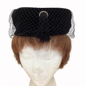 Vintage Black Velvet Pillbox Hat With Veil & Tassel Accent